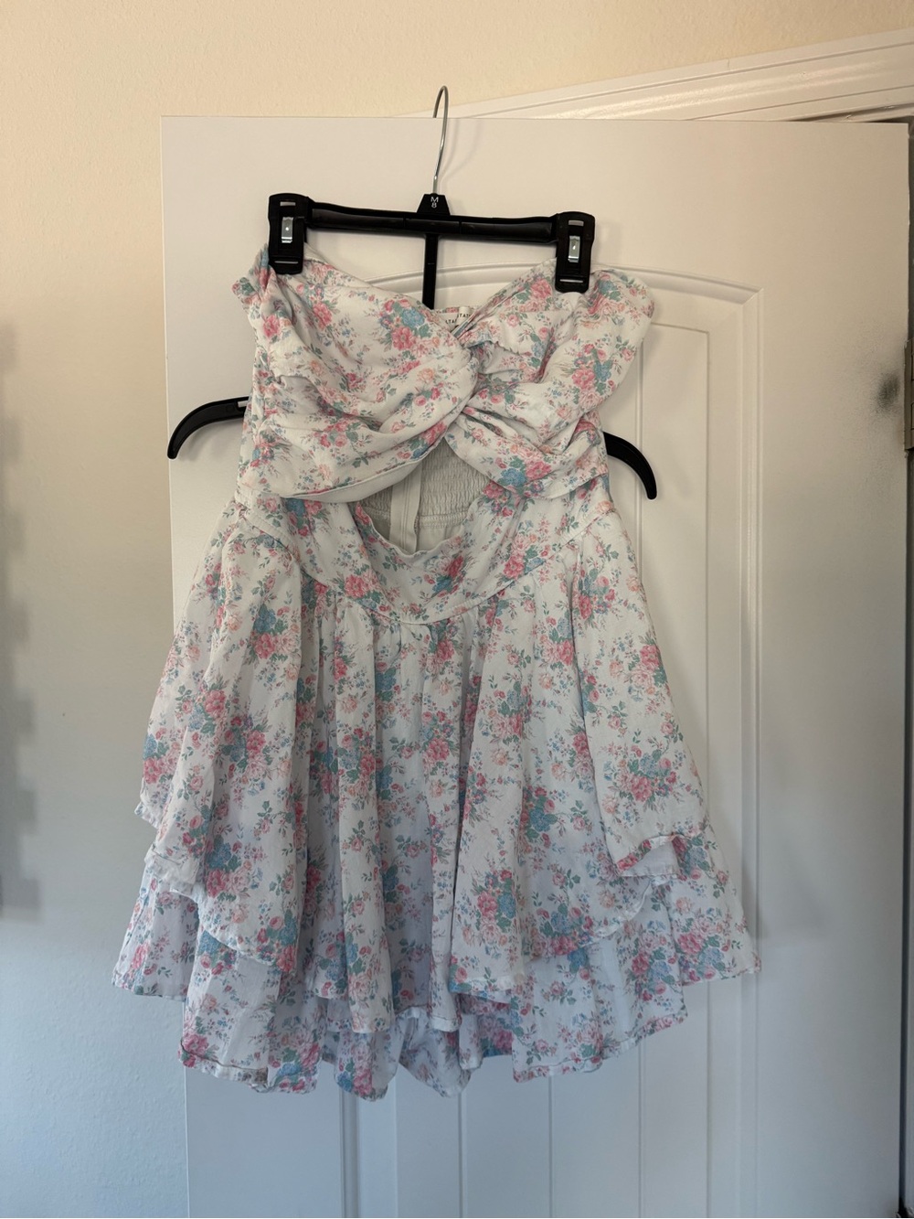 Altar'd State White Strapless Floral Ruffle Girls romper- Pink & Blue Print